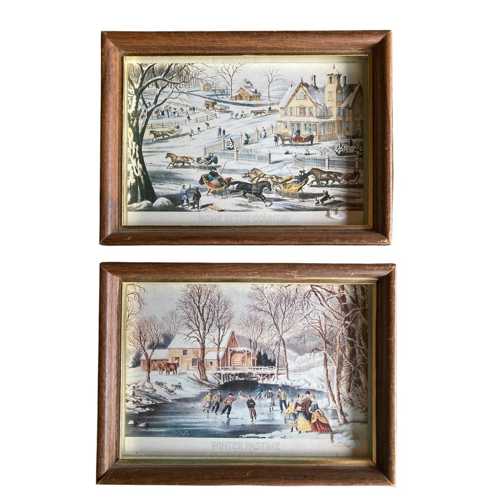 Vintage Currier and Ives Framed Winter Prints Set Winter Pastime Home in Country